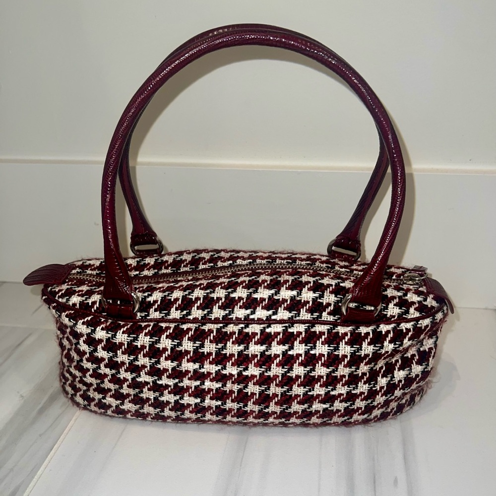 NICOLE MILLER Burgundy & White Houndstooth Purse With Leather handles & trim
